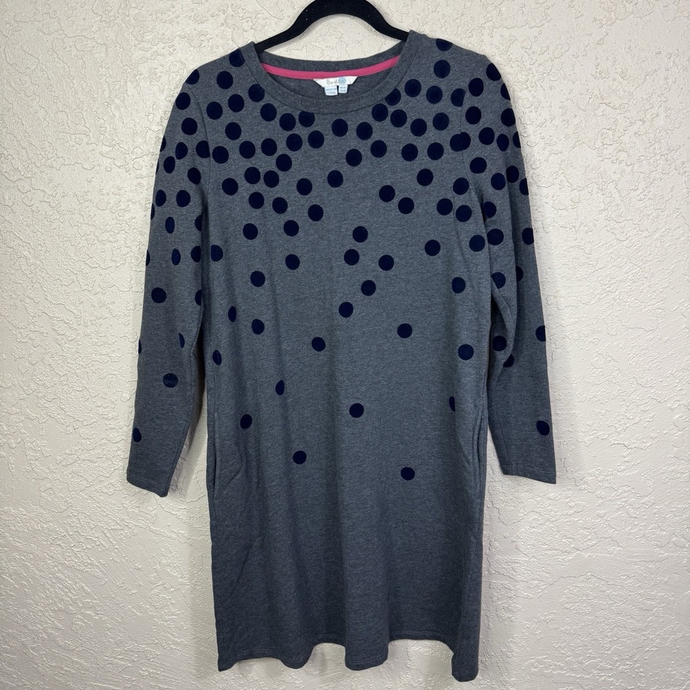 Boden Grey Cotton Jersey Shift Dress US 10 Navy Velvet Flocked Polka Dot Pockets
